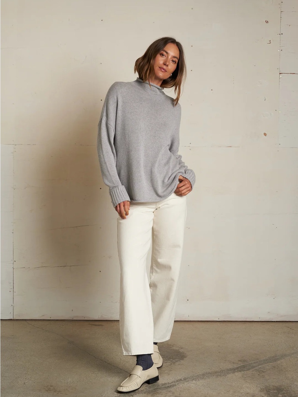Perfect White Tee Heather Grey Cashmere Mock Neck Sweater